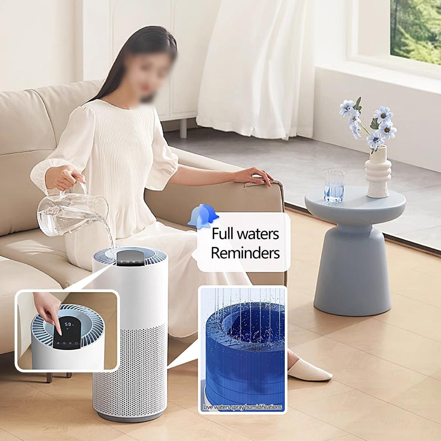 Humidificador de Aire 5L para Dormitorio, Duración de La Batería de 6.4H, 30.1dB Silencioso Humidificador Pequeño, 2 Velocidades Humidificador para 30-70㎡