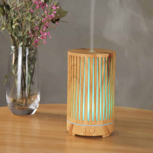 Difusor de aceite esencial de bambú con 7 luces LED coloridas y 3 ajustes de temporizador, 200 ml, humidificador de aromaterapia de niebla fría para el hogar, oficina, spa, sin agua, diseño de apagado