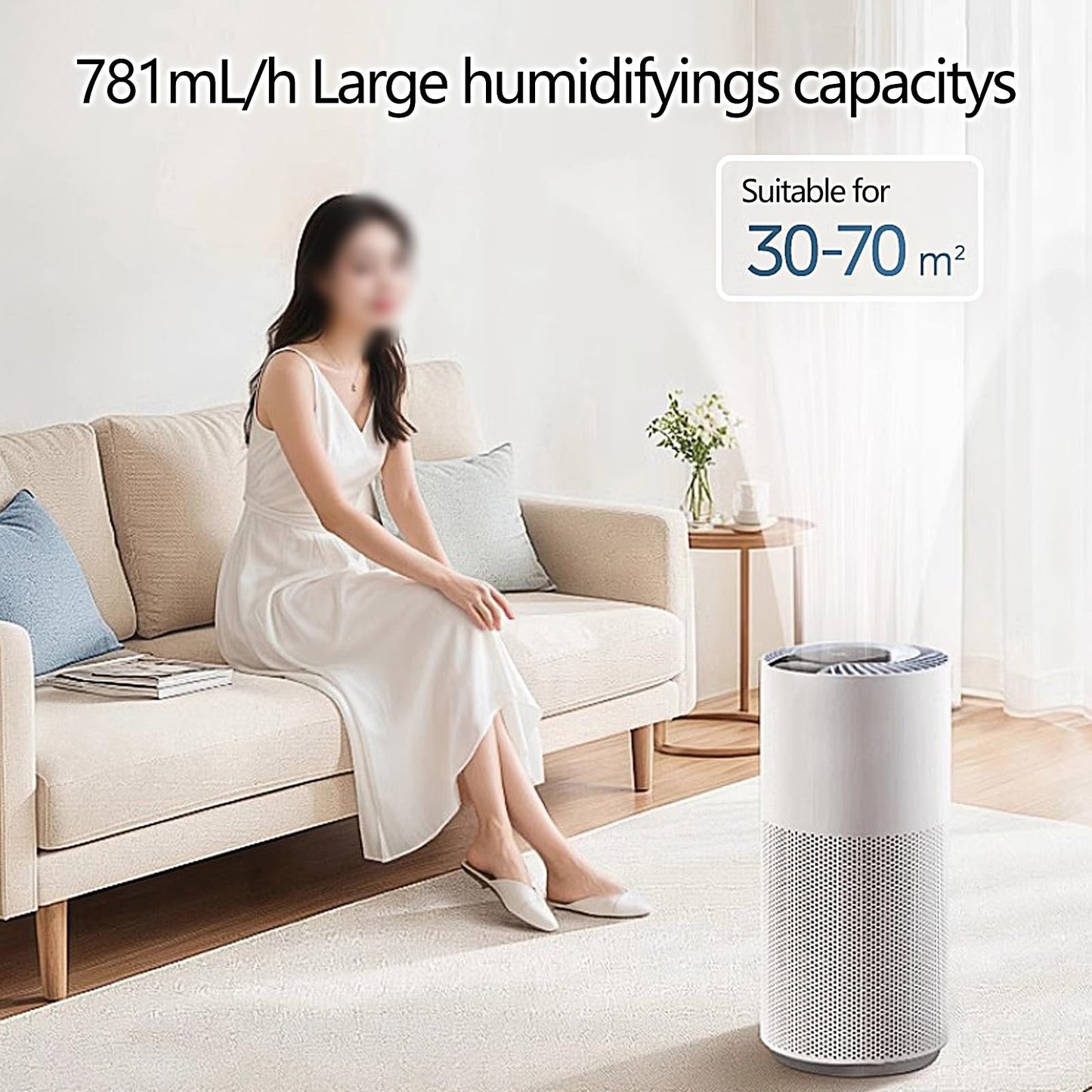 Humidificador de Aire 5L para Dormitorio, Duración de La Batería de 6.4H, 30.1dB Silencioso Humidificador Pequeño, 2 Velocidades Humidificador para 30-70㎡